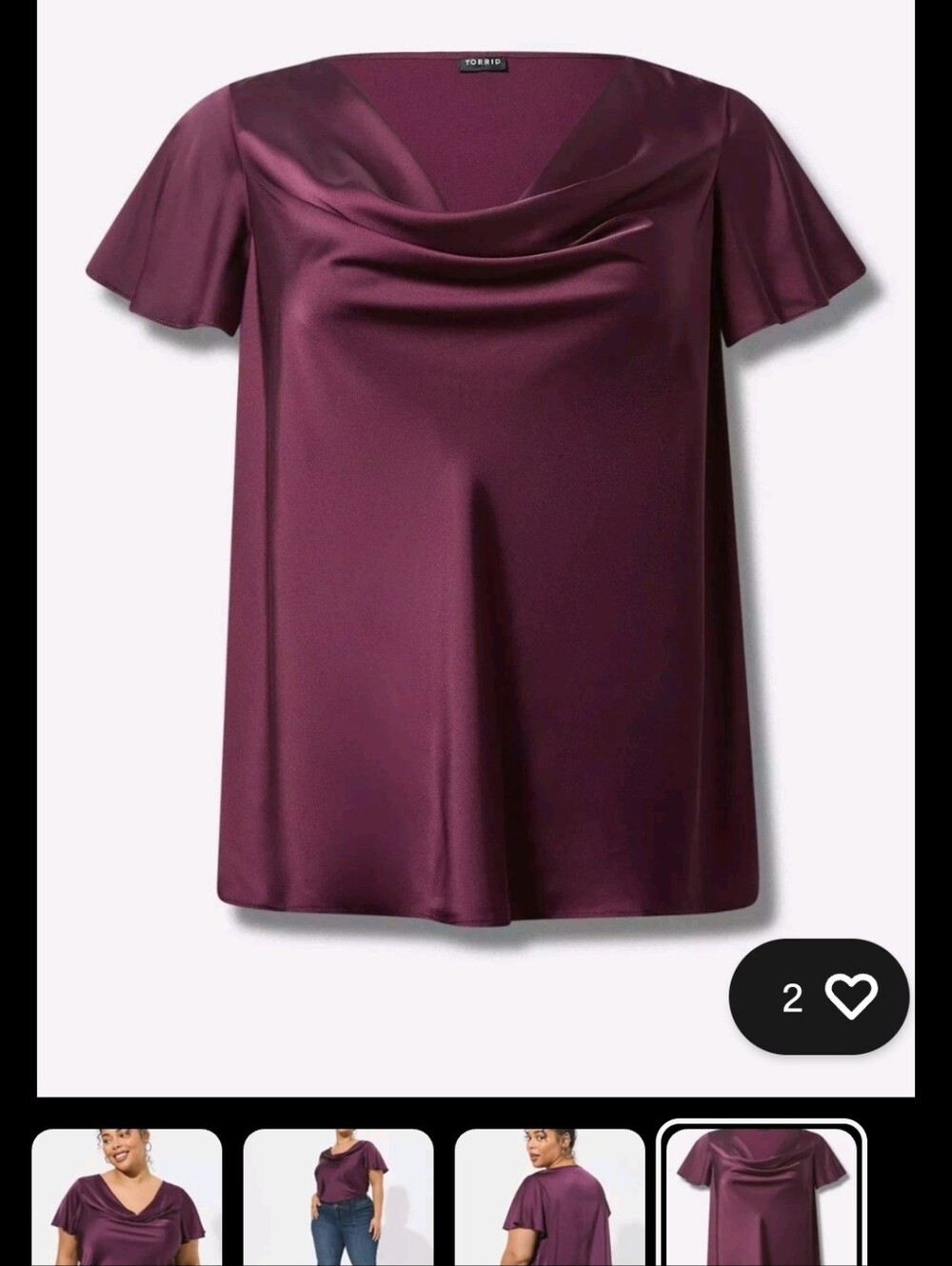 torrid Plum Satin Cowl-Neck Flutter Sleeve Top